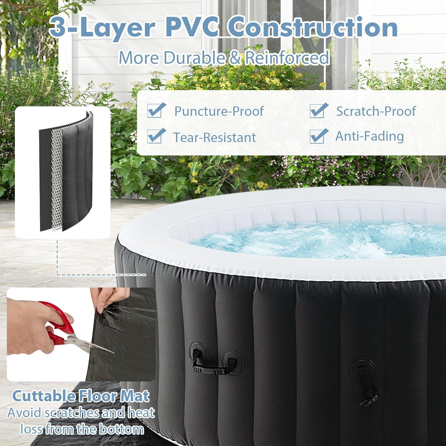 Hot Tub, Inflatable Hot Tub with 130 Soothing Bubble Air Jets, Insulated Lockable Cover, Ground Mat & Filter Cartridges, Outdoor Blow up Spa Tub for Backyard, Patio (Round, 4-6 Person)