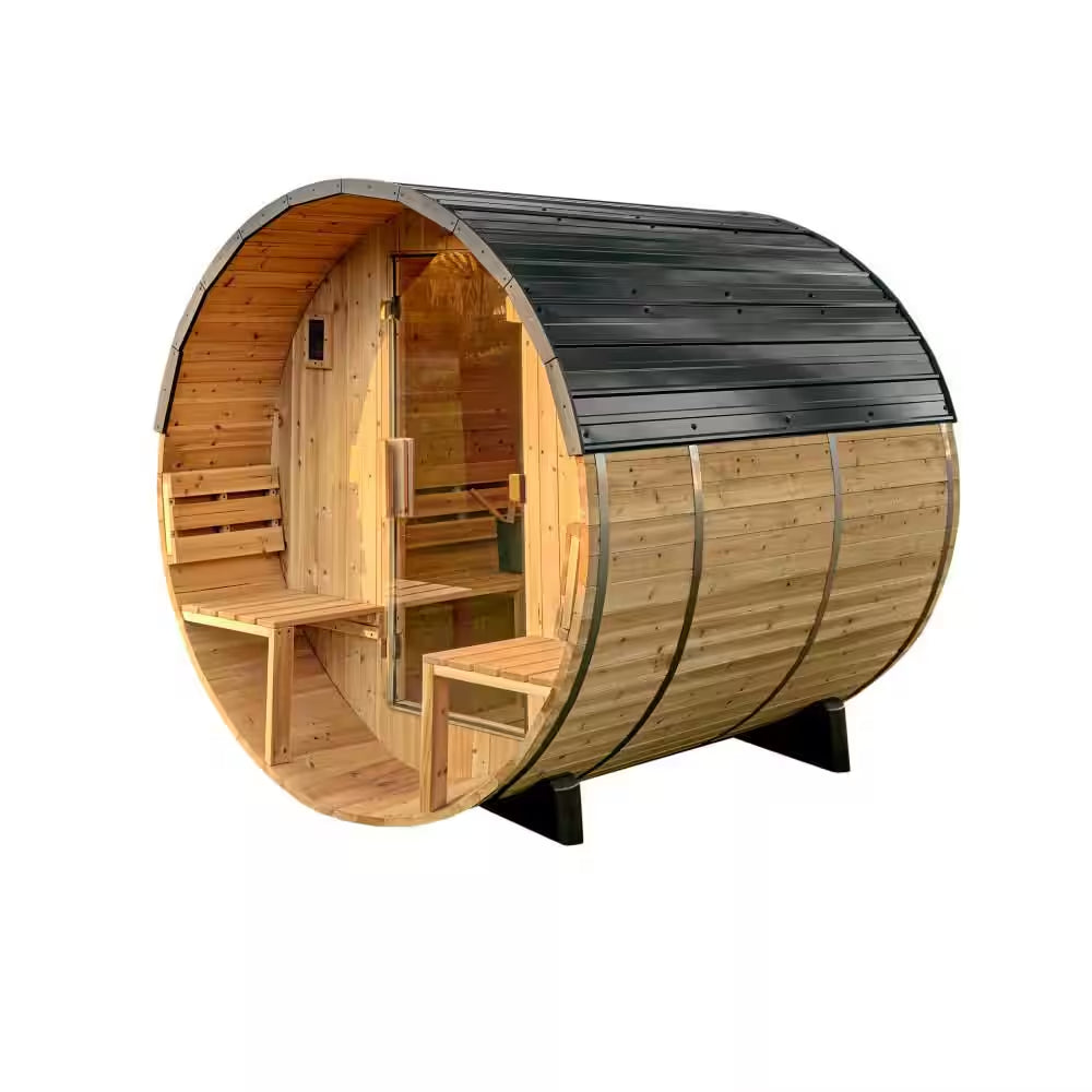 Paxton 4-Person Outdoor Cedar Traditional Wet/Dry Barrel Sauna with Porch, 9Kw Electric Heater, Wi-Fi, LED Lights