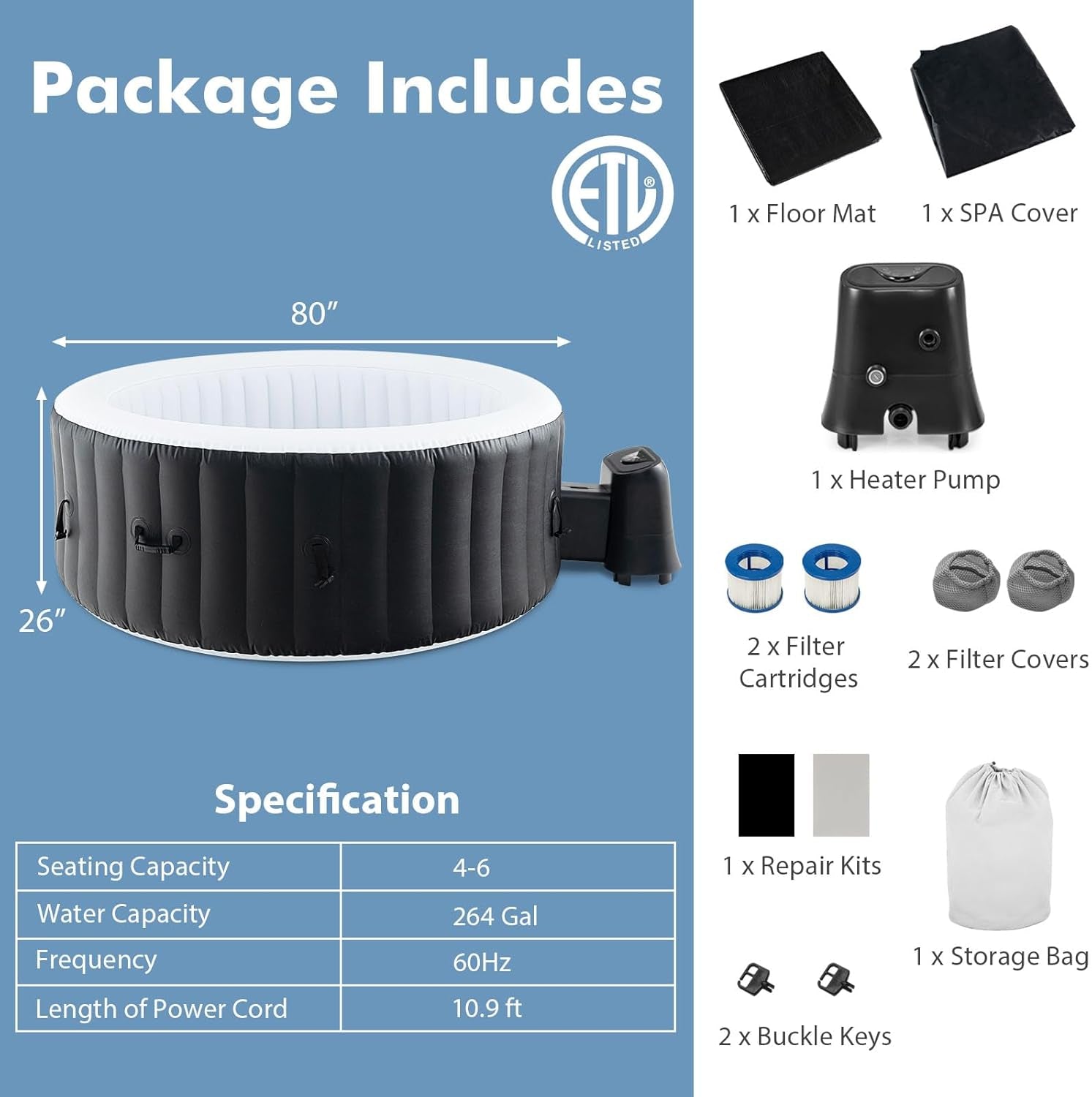 Hot Tub, Inflatable Hot Tub with 130 Soothing Bubble Air Jets, Insulated Lockable Cover, Ground Mat & Filter Cartridges, Outdoor Blow up Spa Tub for Backyard, Patio (Round, 4-6 Person)